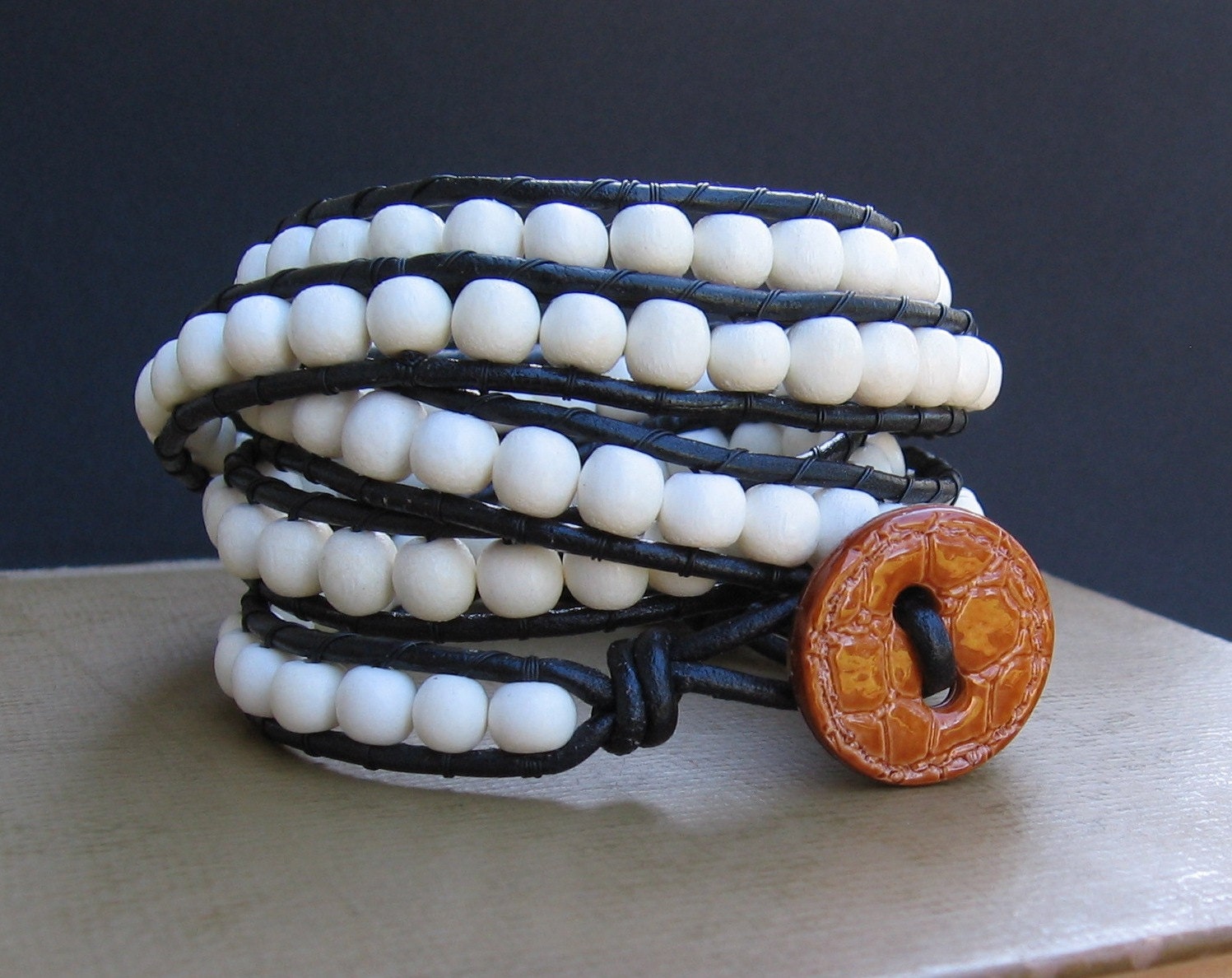 Leather Wrap Bracelet (5x) - White Wood & Black Leather, Marigold Croc Button Closure - by We Are 1