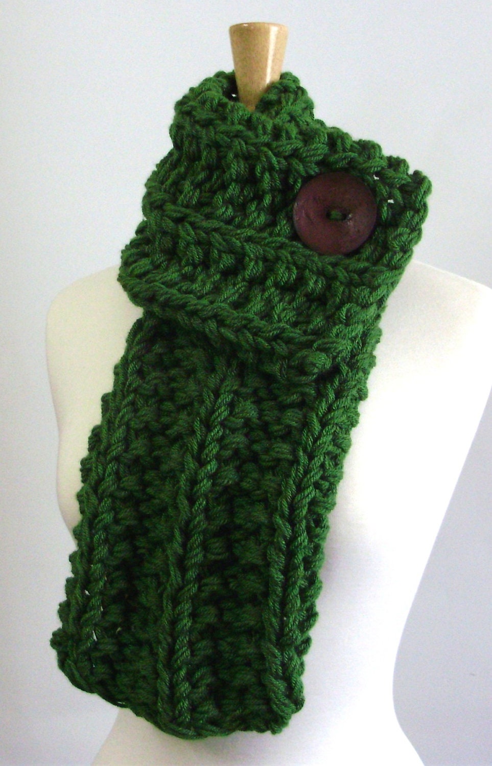 RESERVED - Kelly Green Chunky Knit Cowl Scarf with Large Brown Button