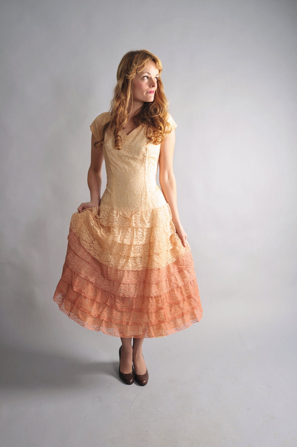 1940s party dress // 40s lace formal dress // Peach Nectar