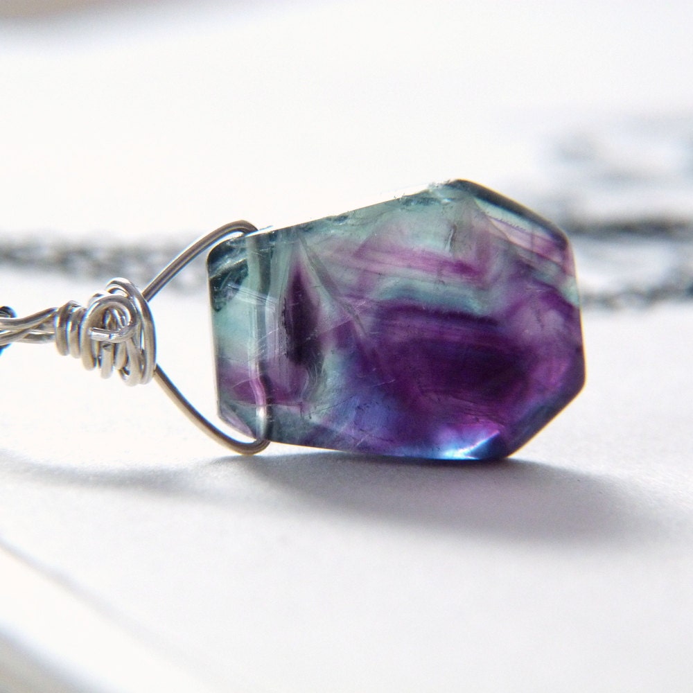 Large Blue Purple Rainbow Fluorite Wire Wrapped Pendant Necklace - OWLandHOURGLASS
