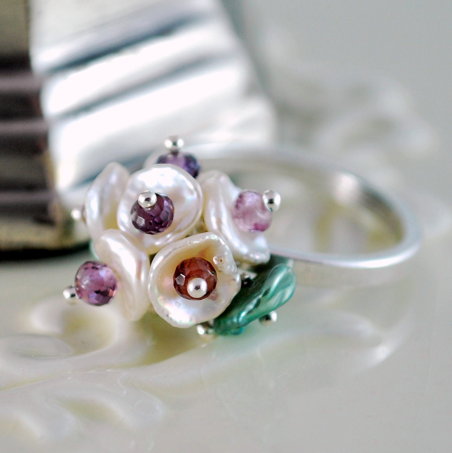 Sterling Silver Ring White Keishi Keshi Pearl Flower Blossom Plum Spinel Gemstone Jewelry Size 7 Complimentary Shipping