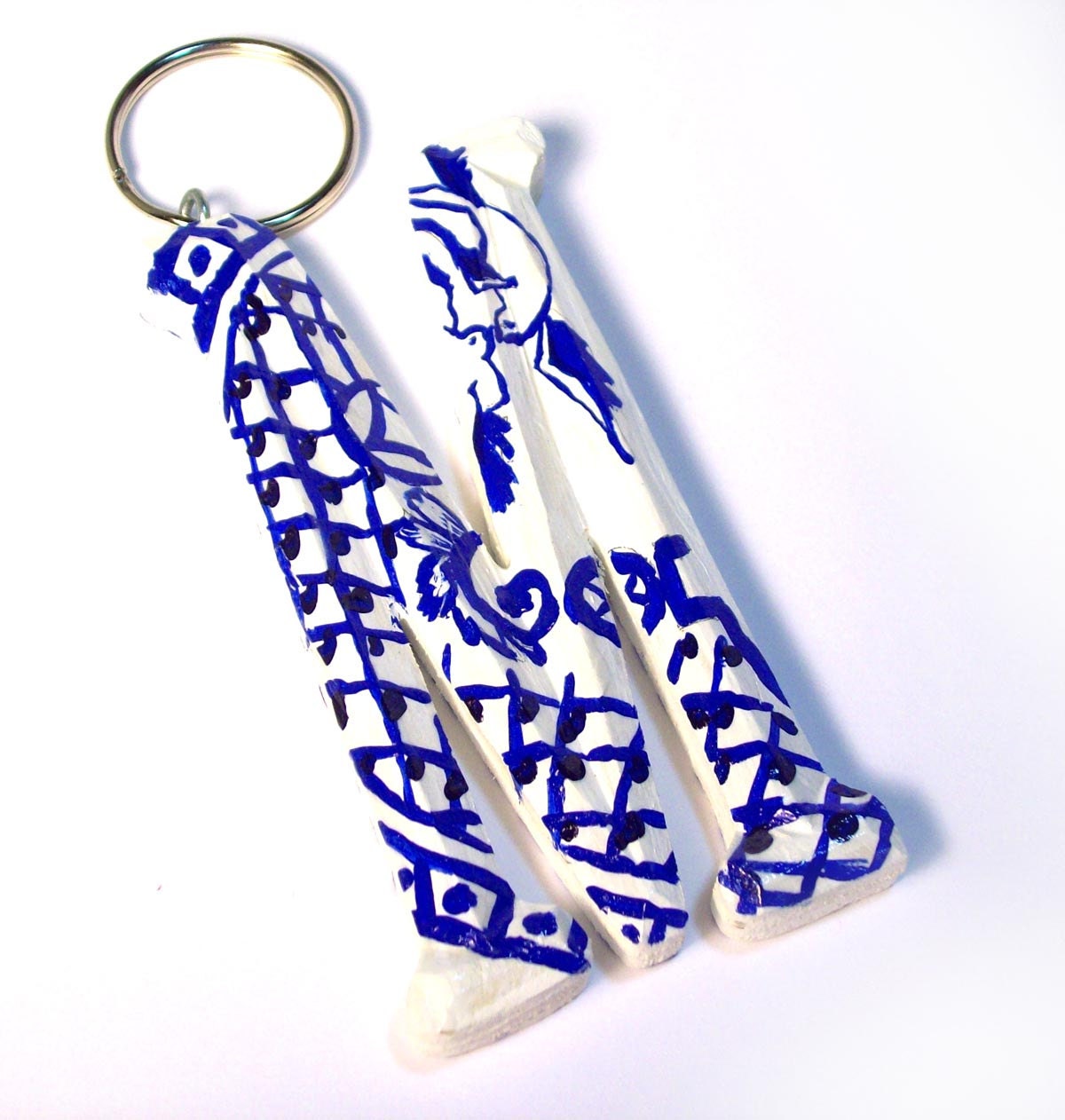 letter M monogram keychain fob- handpainted blue and white Blue Willow pattern with diamonds and birds