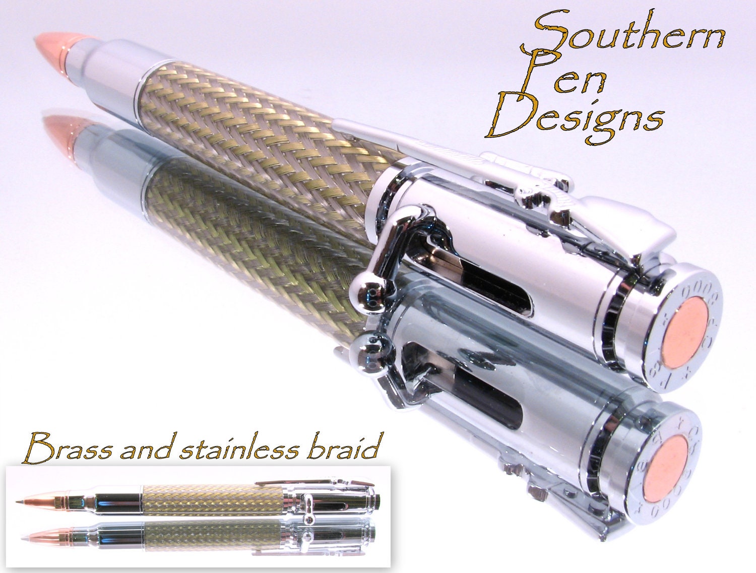 Bullet pen with stainless and brass  braid. Bolt action ink advance. Very cool.