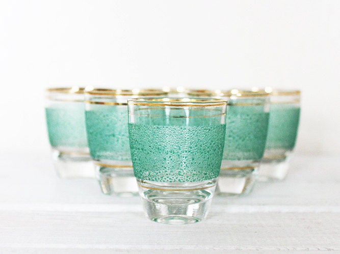 Vintage Shot Glasses Car Glass Barware Green Gold Rim Stripe Band 6
