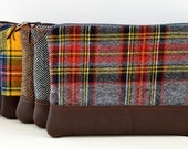 Zipper Pouch in Plaid and Leather-gray flannel red yellow charcoal mens dopp kit womens travel ipod tech gift cosmetics clutch