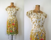 1950s Silk Dress / 50s Wheat Print Cocktail Dress