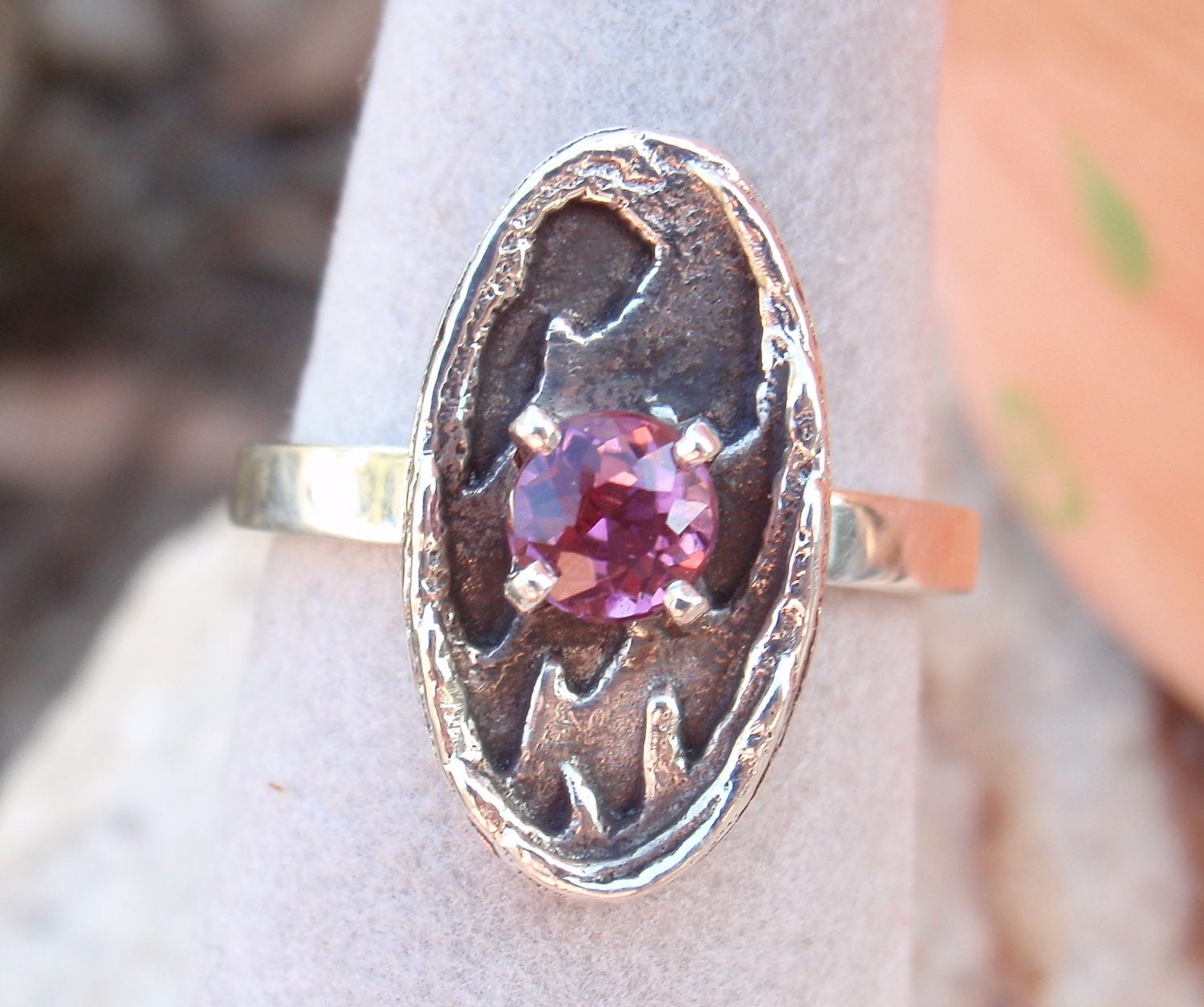 Pink Tourmaline Sterling Silver Textured Ring