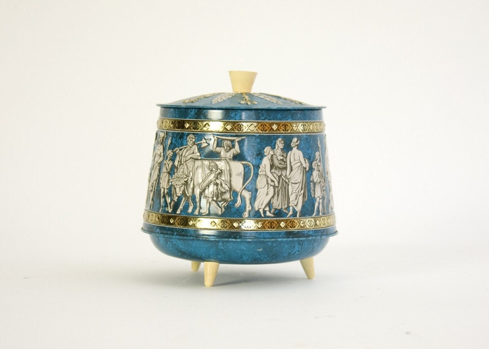 Candy Tin - Blue, Footed, Greek, Vintage