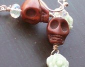 Chocolate Brown Sugar Skull and Mint Green Rose Earrings