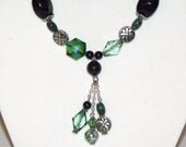 Long Bohemian Green and Black Bead Necklace with Tassel Pendant