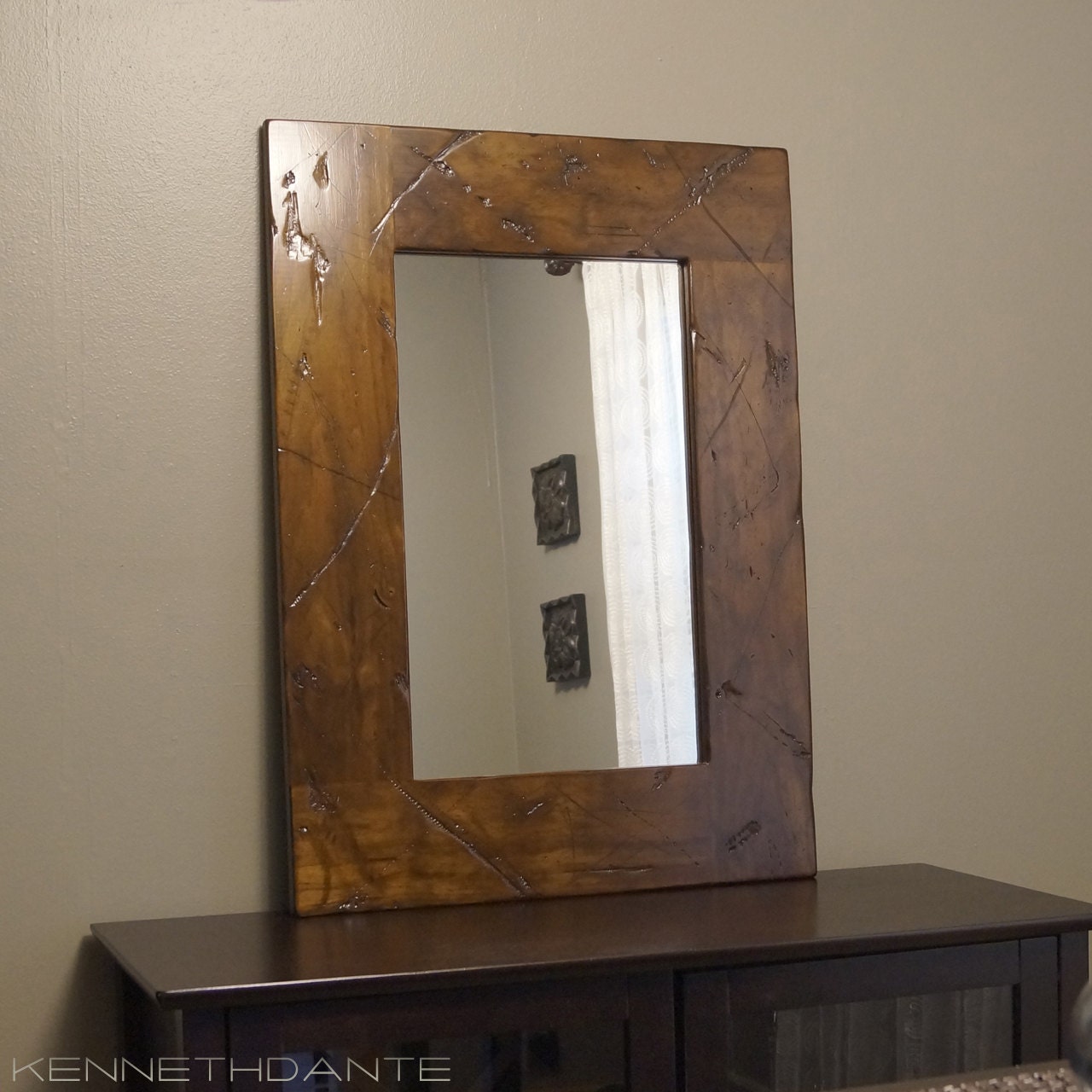 Wood Framed Mirror Distressed Brown Barnwood