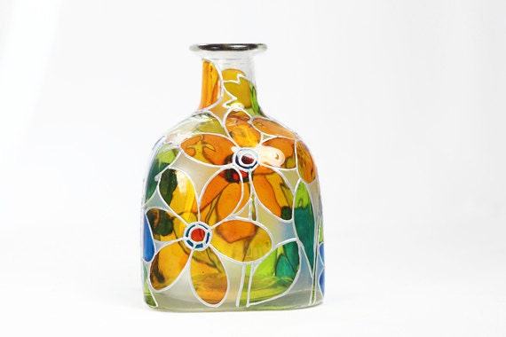 Hand Painted "Patron" Bottle Glass Bottle White Yellow Blue Flowers Abstract Retro Home Decor Decorative Glass Art