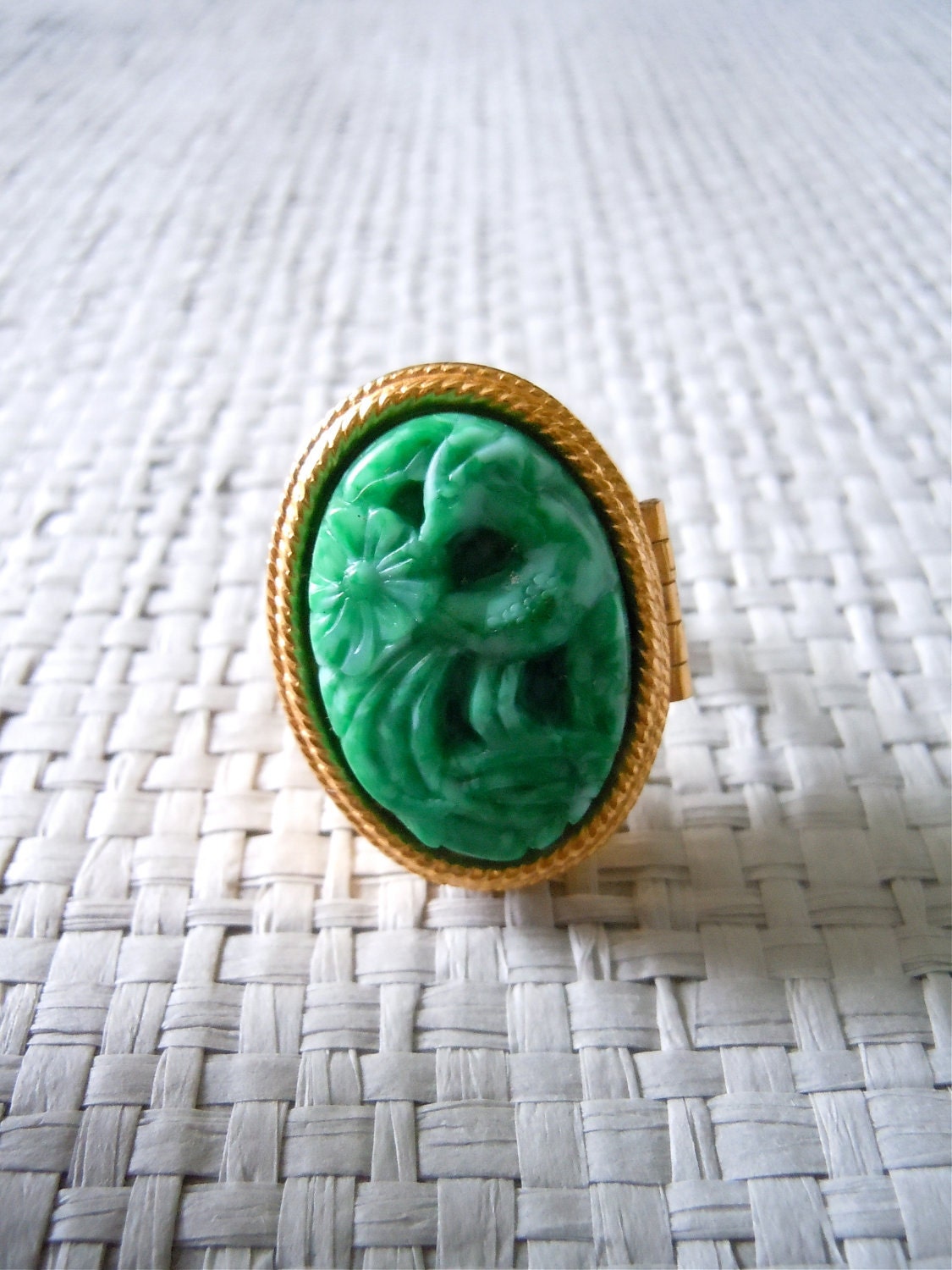 Reserved Asian/ Peacock Ring/ Avon Perfume Ring, 1950s-60s green faux jade carved stone, old new stock