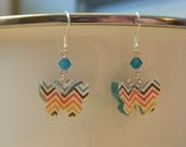 Paper Butterfly Earrings - Rainbow Geometric Pattern with Teal Swarovski Crystals
