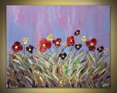 Original painting Purple with Red Poppies flowers on canvas SALE