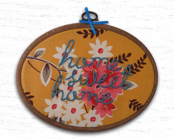 Embroidery Hoop Art - Home Sweet Home Hand Embroidered Wall Art - 7 x 5 inch Oval