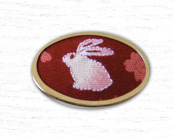 Hand Embroidered Pin Red Kimono Rabbit Fabric Brooch