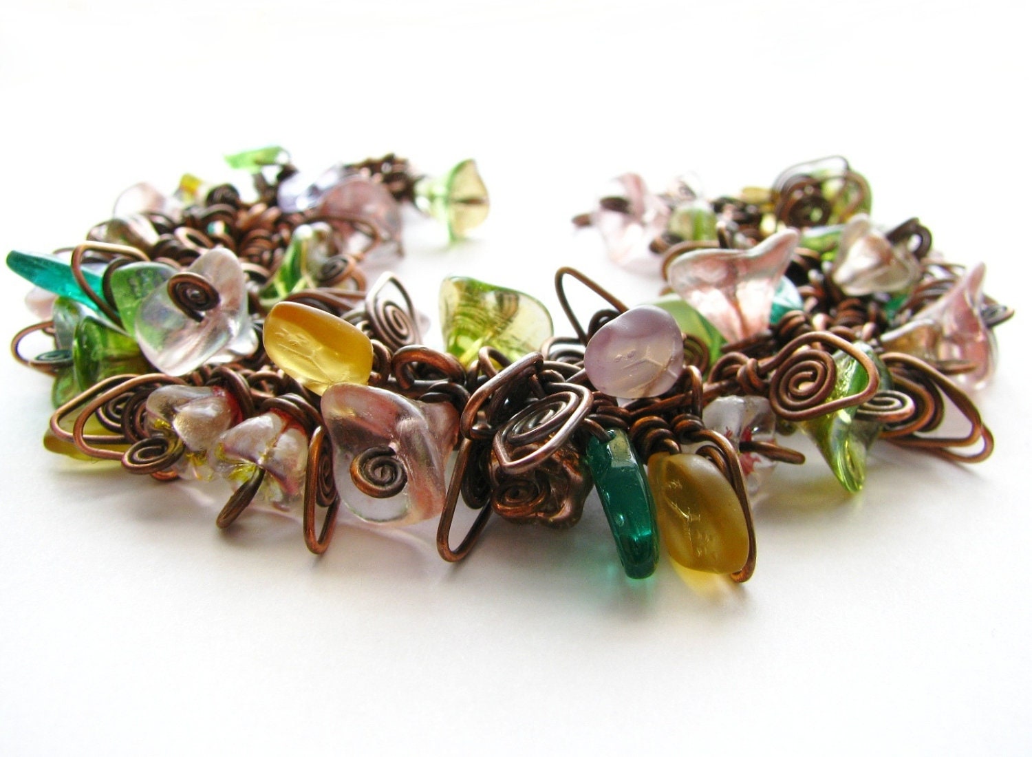 Leaf and Flower Charm Bracelet Antique Copper Wire Wrapped in Rustic Bohemian Style OOAK - Woodland Flower