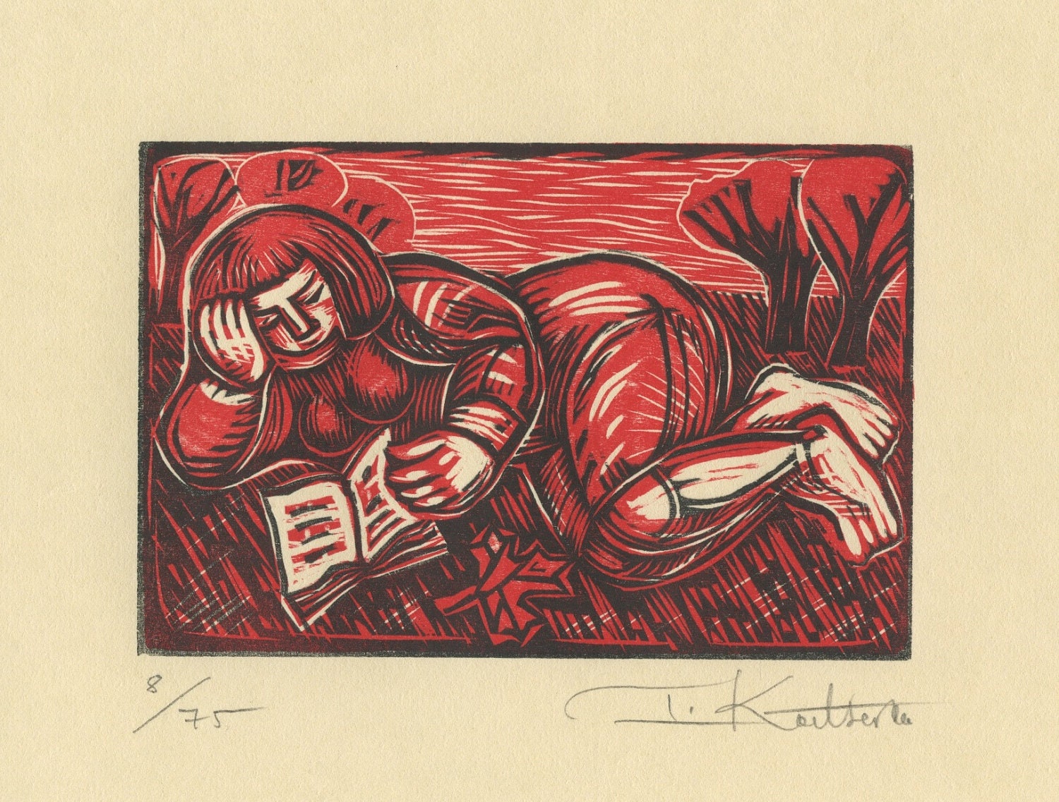 AUTUMN READ WOODBLOCK , woodcut, reading, book, fall, landscape, book lover, red