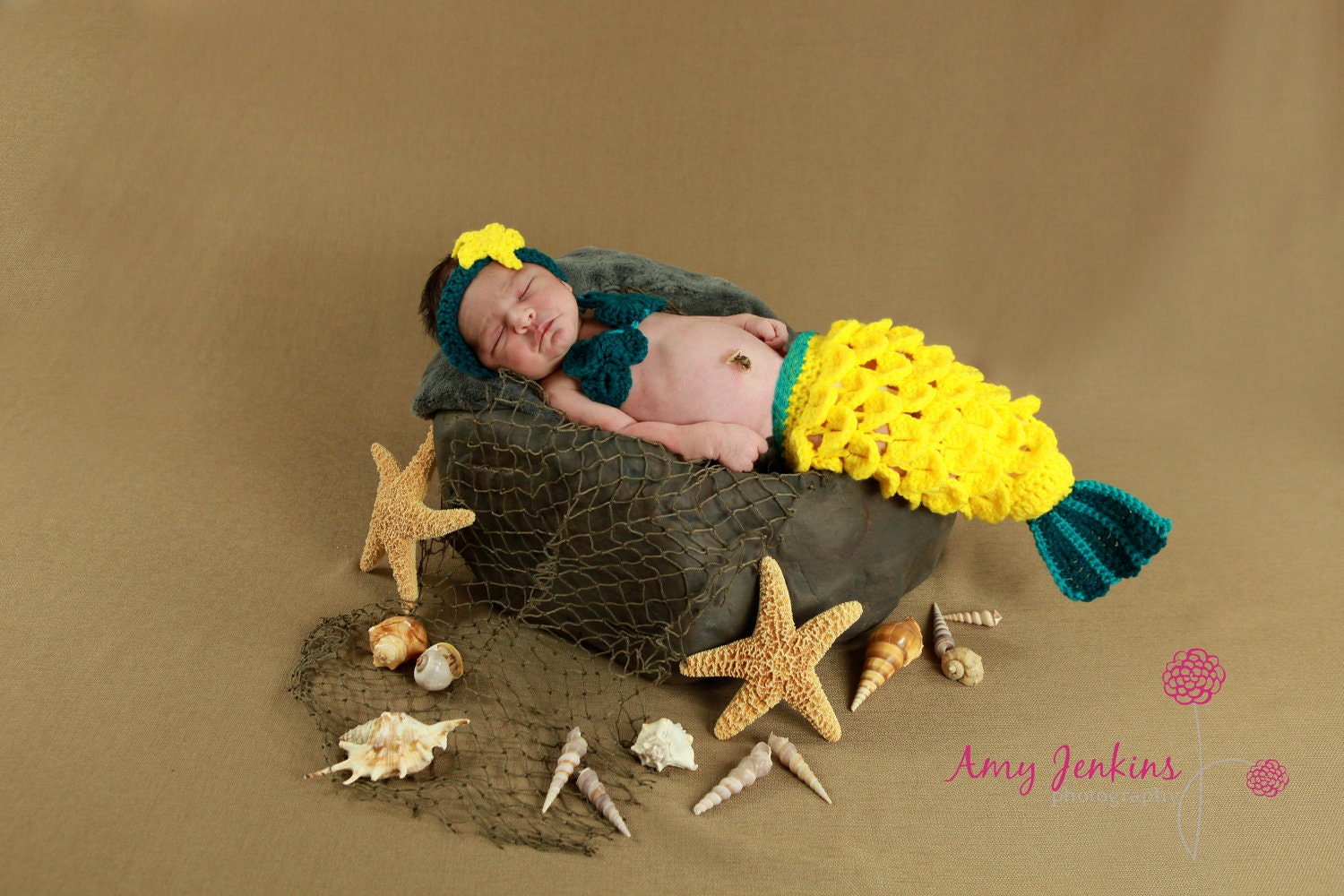 Newborn Crochet Mermaid Tail - Bright Yellow With Turquoise Accent - Made To Order - Photography Prop