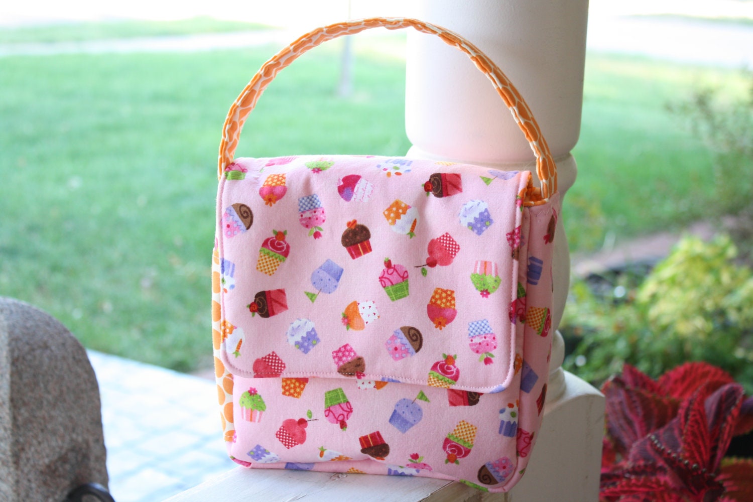Childrens Lunch Box, Fresh Modern Eco Friendly, Cupcakes, and Orange and White Polka Dots