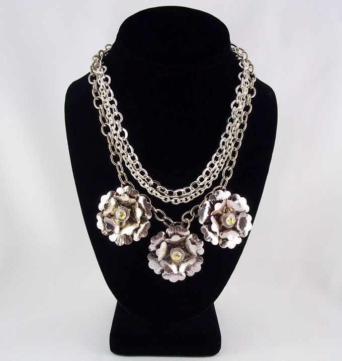 Dramatic Large Flower 3 Strand Silver Necklace