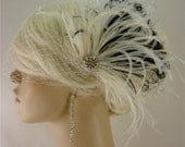 Bridal Feather Fascinator, Bridal Fascinator, Bridal Headpiece, Bridal Hair Accessories, Bridal Veil, Ivory and Black