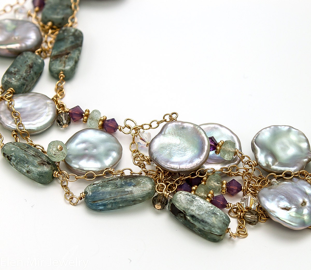 Keshi Pearl Necklace with Kyanite Aquamarine Swarovski Crystal