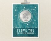 To the Moon and Back 8x10 / Baby Shower Gift, Nursery Art, Baby Room Decor, Typographic Print, Moon and Stars, Illustration