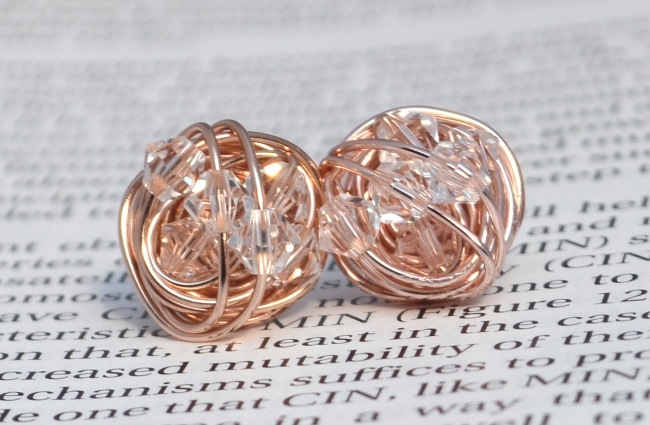 Clear crystal - Rose Gold Series- Clear Swarovski crystal beads and Rose gold Wire Wrapped Stud Earrings