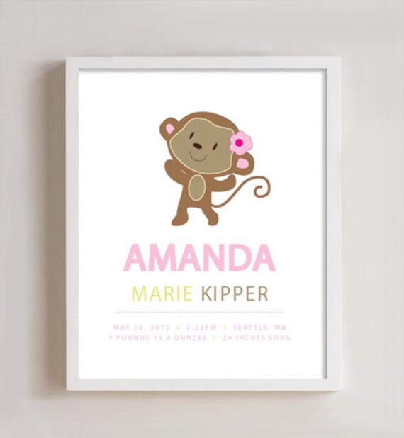 Personalized birth print - Monkey 8x10 Il_570xn
