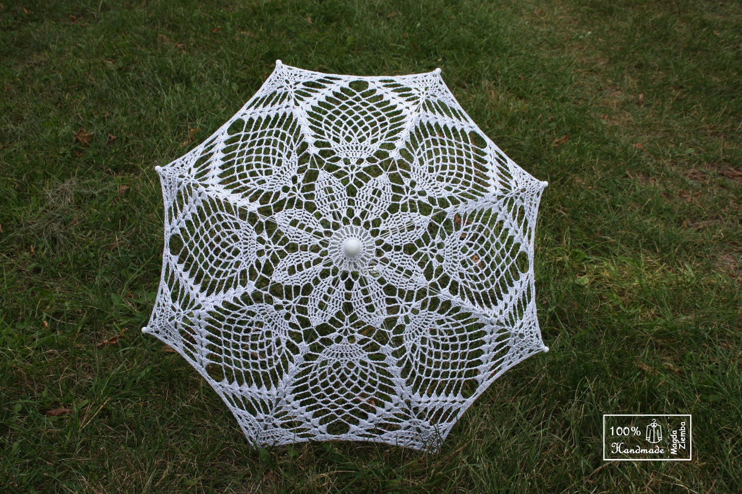 RESERVED 28" Shimmery White and Silver Flower Crochet UMBRELLA Parasol Sunbrella, Valentines Day Wedding, Party Favor