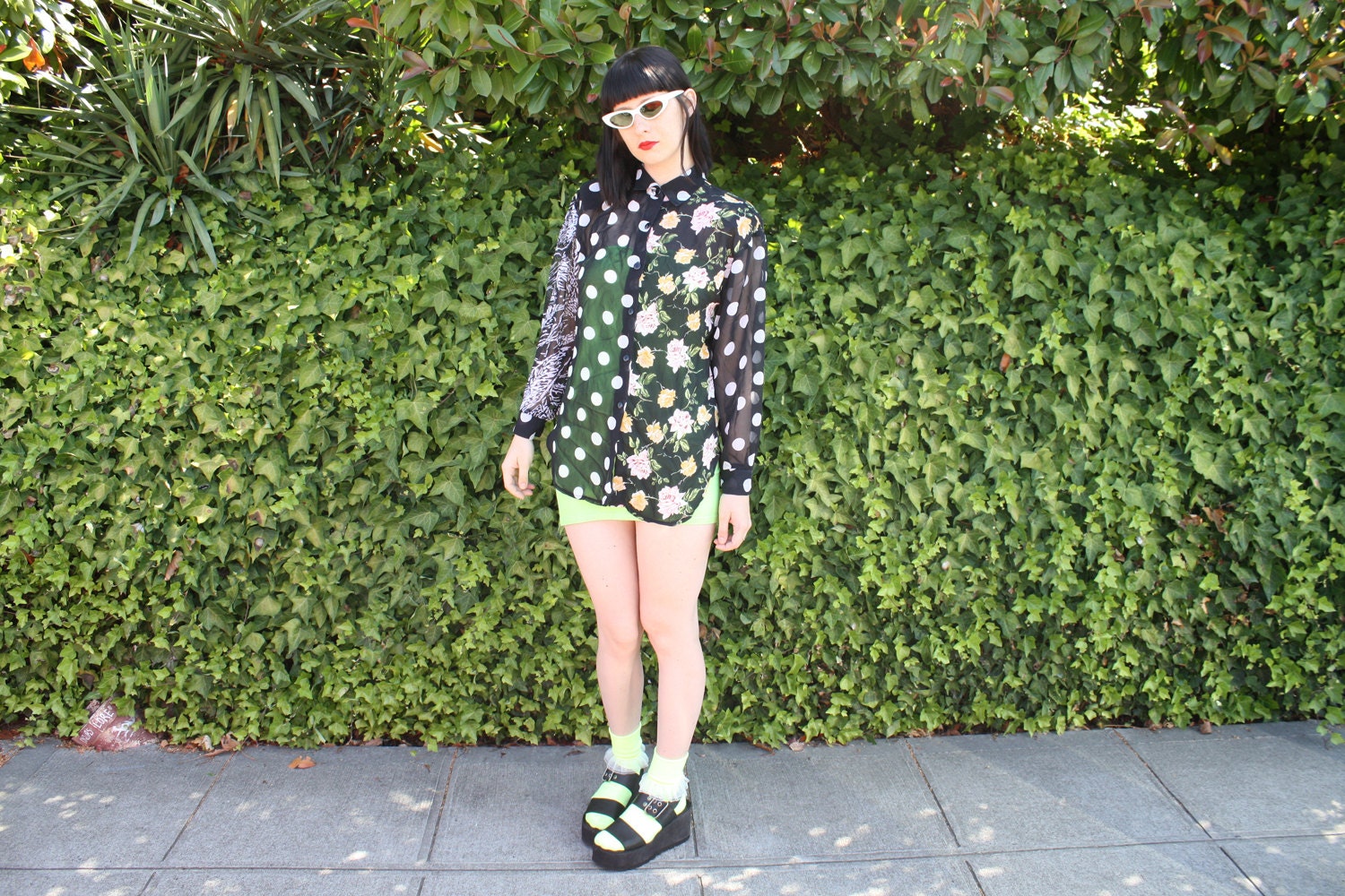 vintage 90s womens multi print black and white POLKADOT and colorful FLORAL silky BLOUSE size m-l