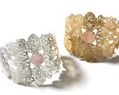 Rose Quartz stone and metal lace wide bangle