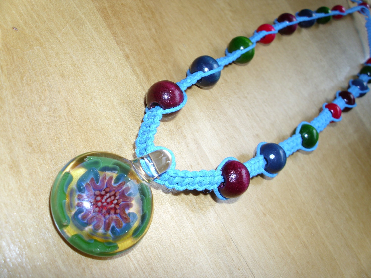 Simple, Bright Blue Hemp Necklace with Colorful Glass Pendant and wood beads, hemp jewelry, hippie, flower
