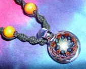 Rainbow blast, black hemp spiral necklace, handblown pendant, glass beads, macrame, hippie, natural