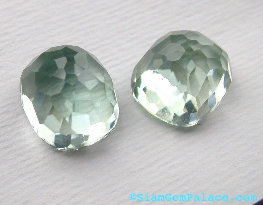 PRASIOLITE GREEN Amethyst. Cushion Shape High Dome Micro Facet Cabochons. GLOWiNG. 2 pc. 13.20cts. 10x12mm (AM469)