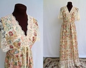 Vintage 60's 70's Boho Hippie Maxi Dress Floral Print with Lace Sleeves