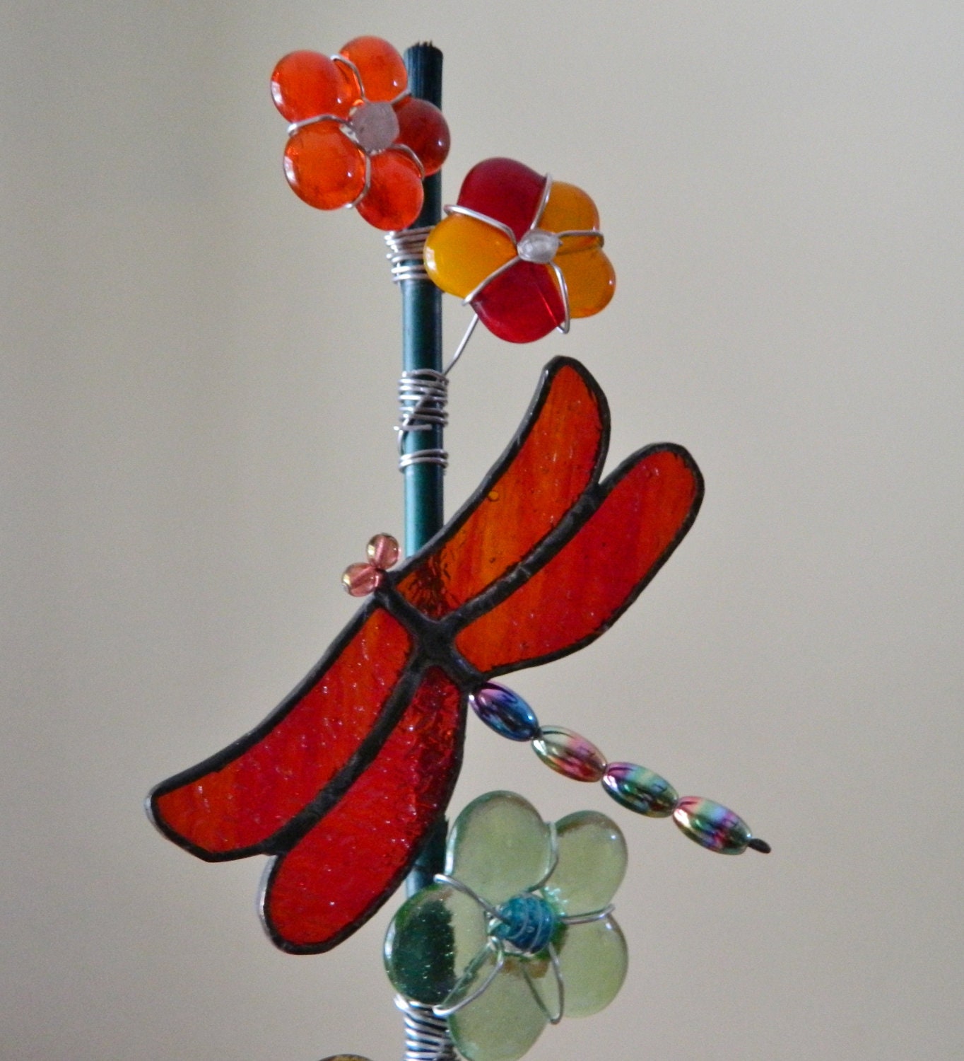 Dragonfly Stained Glass Suncatcher and Fused Glass Flowers