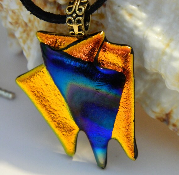Modern Art Dichroic Gold and Rainbow Fused Glass Pendant Necklace