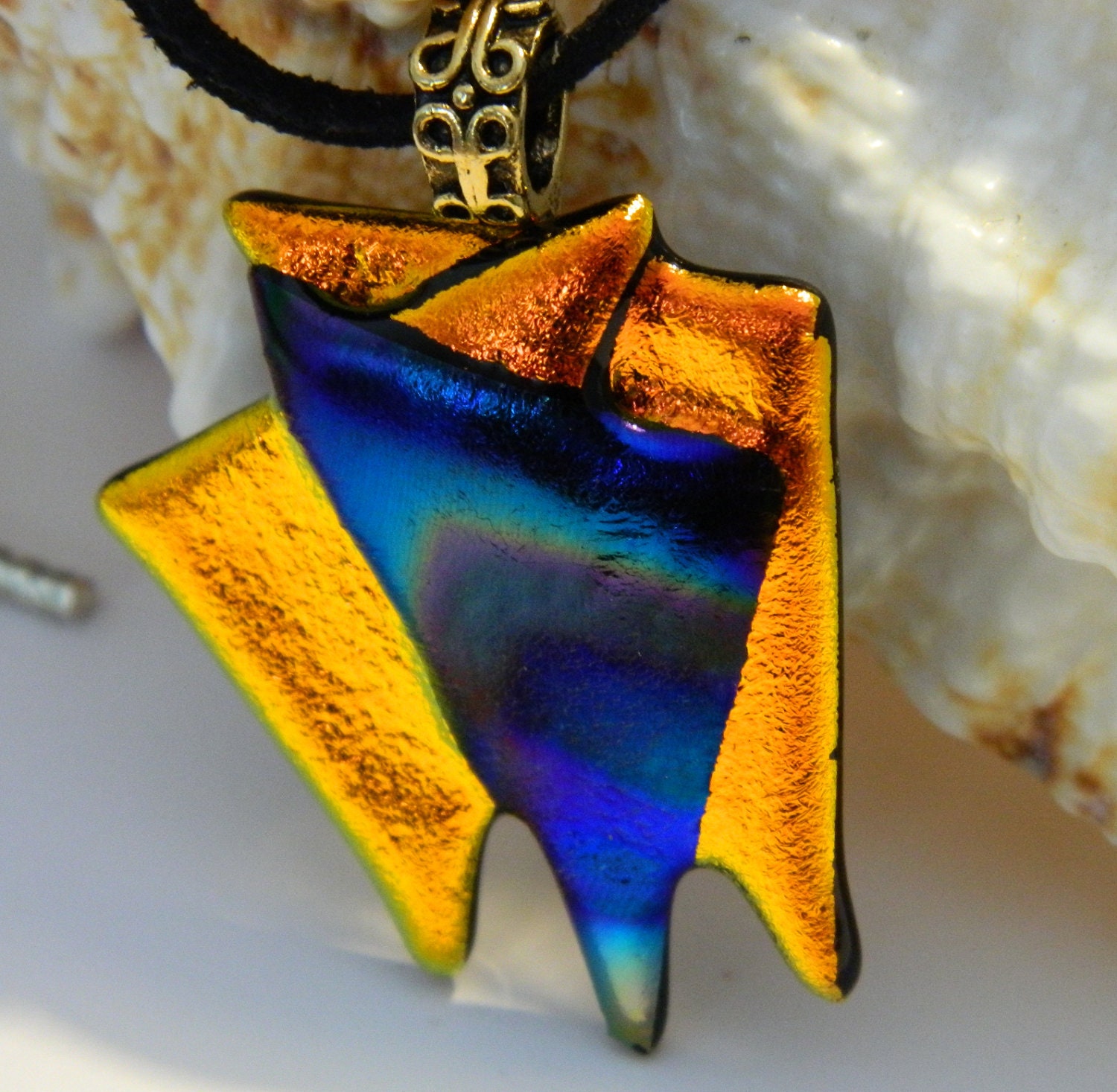 Modern Art Dichroic Gold and Rainbow Fused Glass Pendant Necklace