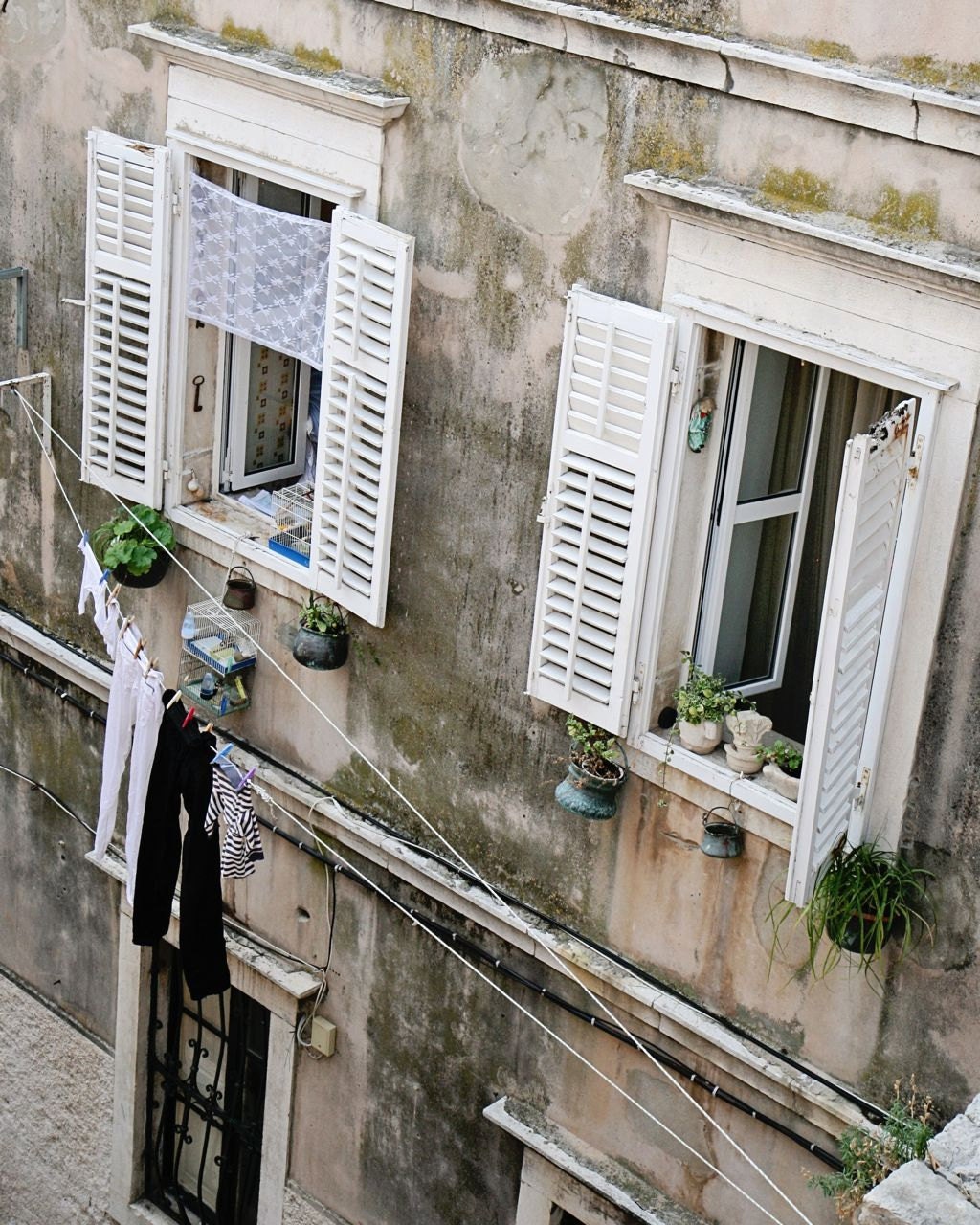 Laundry Photograph - Home Decor - Laundry and Windows - Dubrovnik Croatia Photography - Gray White - Neutral Wall Art - Travel Photography