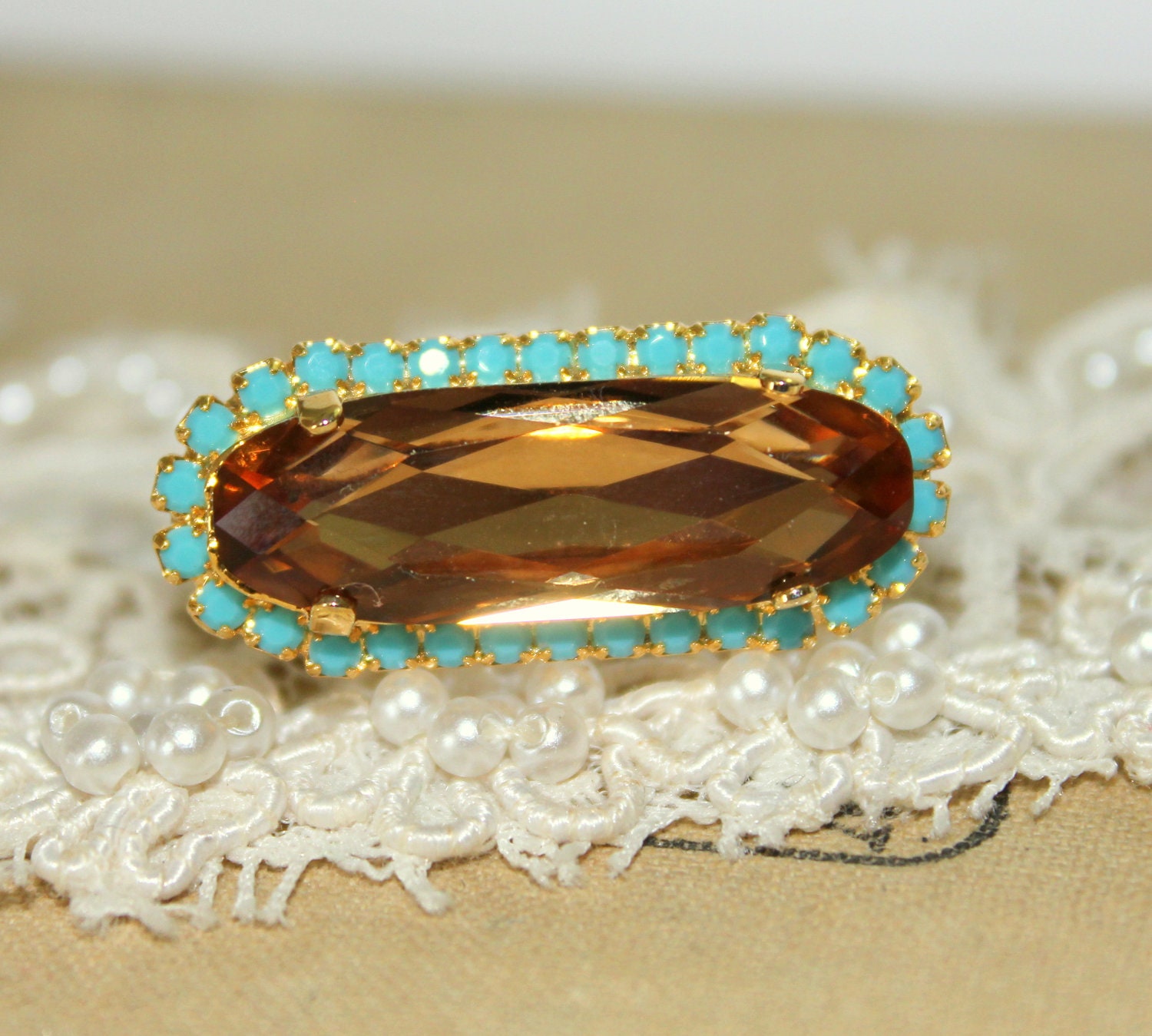 Crystal adjustable Champagne Turquoise ring - 14k plated gold adjustable ring real swarovski rhinestones .