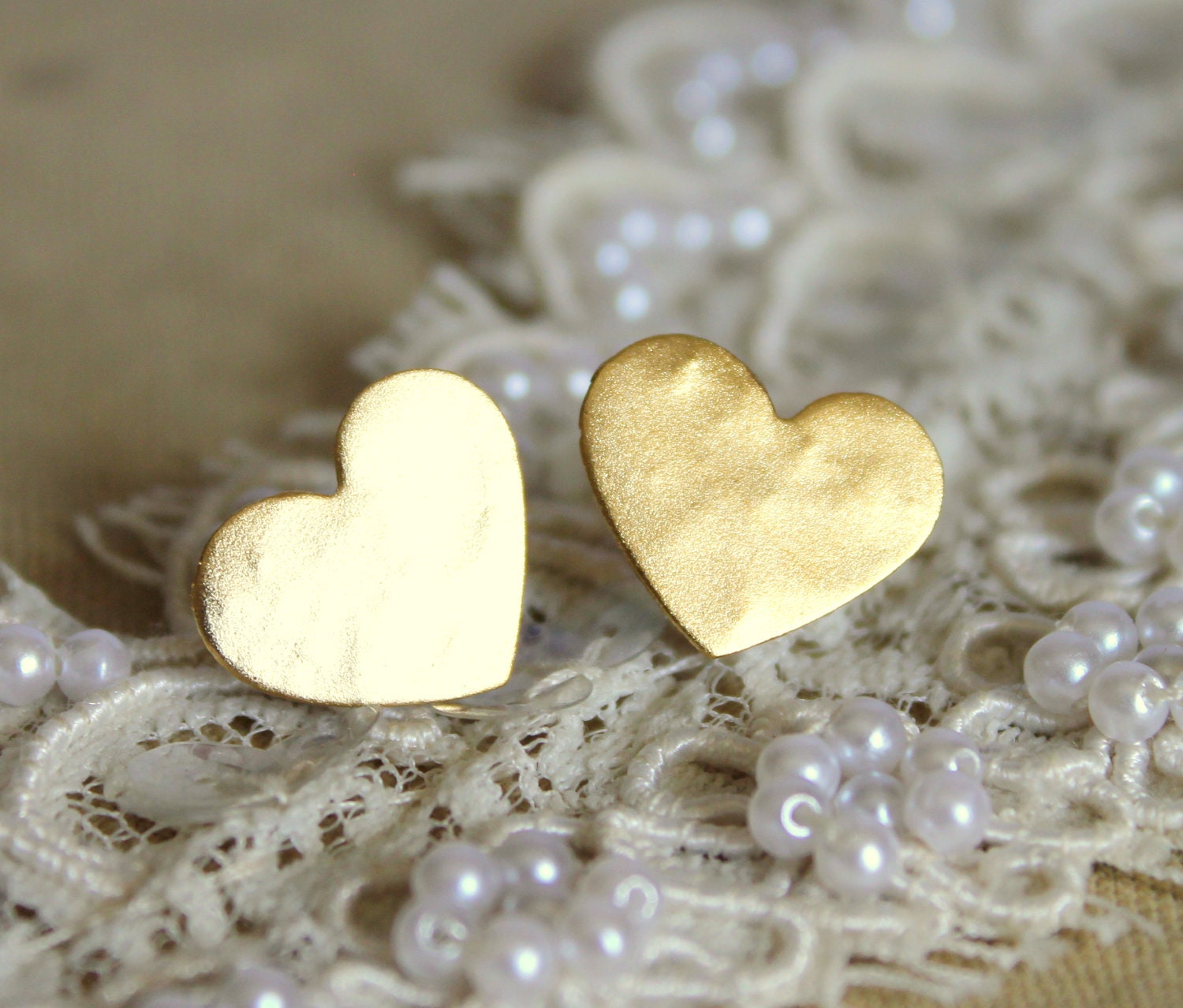 Gold stud heart earrings plated real gold -petit elegant 14k gold matte coated post earrings