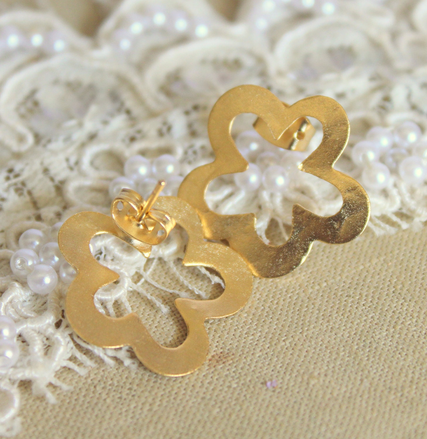 Gold stud flower earrings plated real gold - elegant 14k gold matte coated post earrings