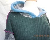 Upcycled Sweater HoOdiE with fleece, in green, blue, grey, white, exposed seams, no.149