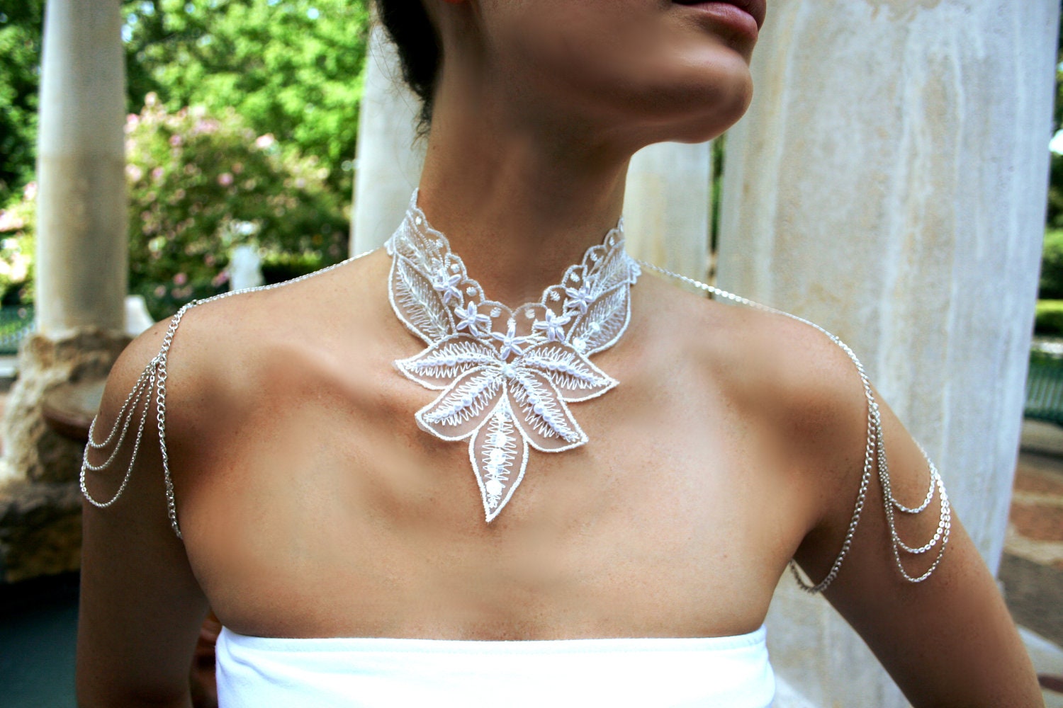 Leaf Burst Pearl - Lace Bridal Shoulder Harness Necklace