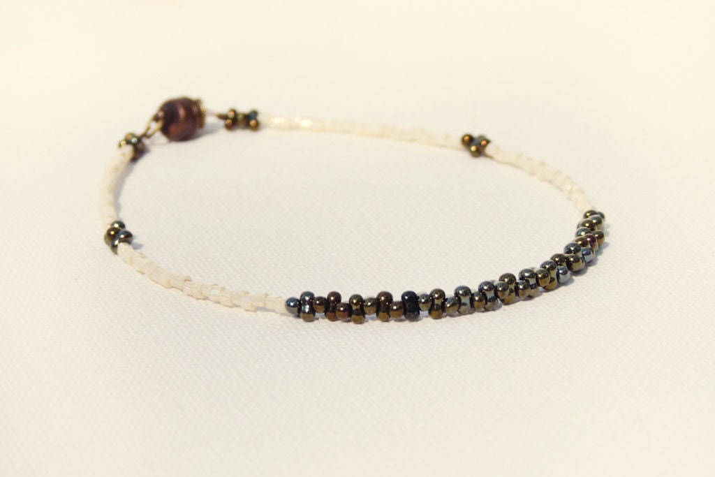 Cream white  iris brown minimalist ankle bracelet. tiny seed bead jewelry, thin ankle cuff, friendship bracelet, Holiday gift idea