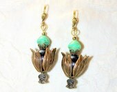exotic beaded earrings - unique green brown gold - high fashion