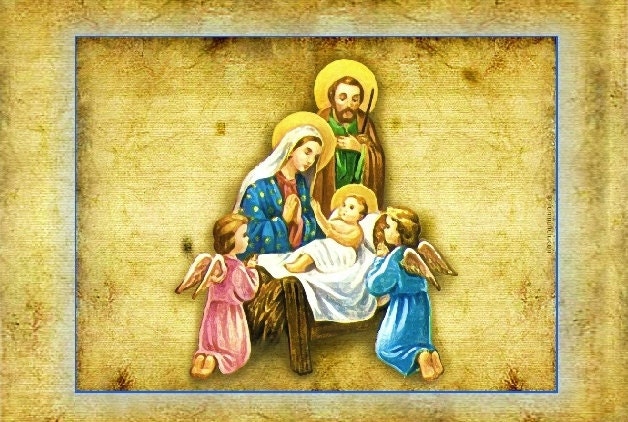 Christmas card set, Holy Family, religious, christian, set of 12 blank inside with envelopes, blue, gold, brown